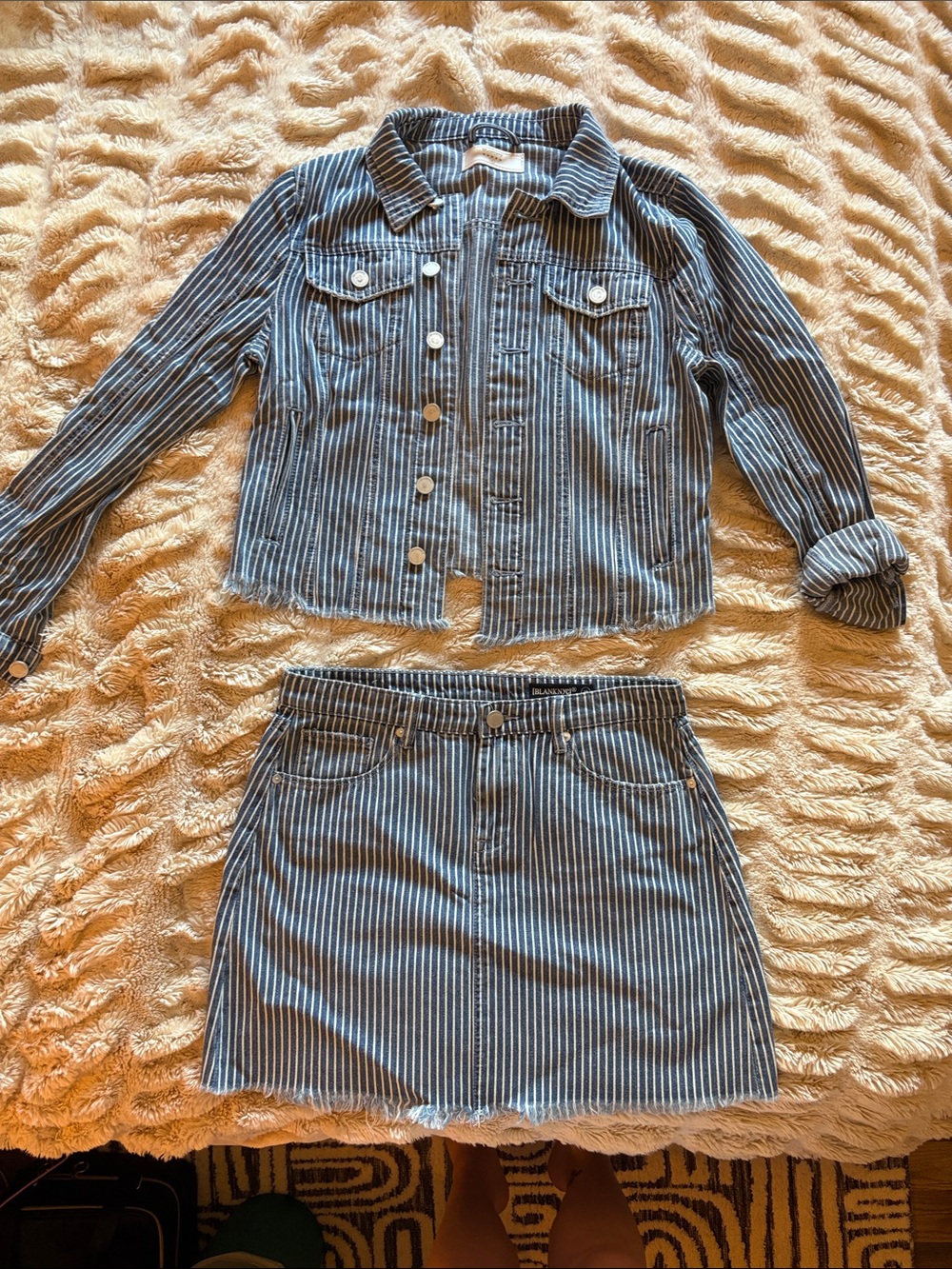 Blank NYC Blue & White Pinstripe Denim Mini Skirt and Matching Jacket
